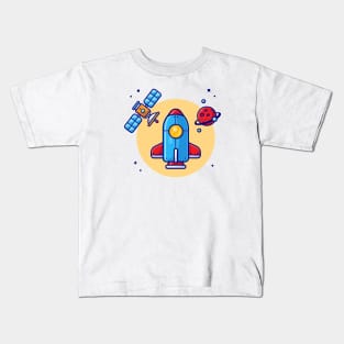 Space Shuttle Flying with Planet and Satellite Space Cartoon Vector Icon Illustration Kids T-Shirt